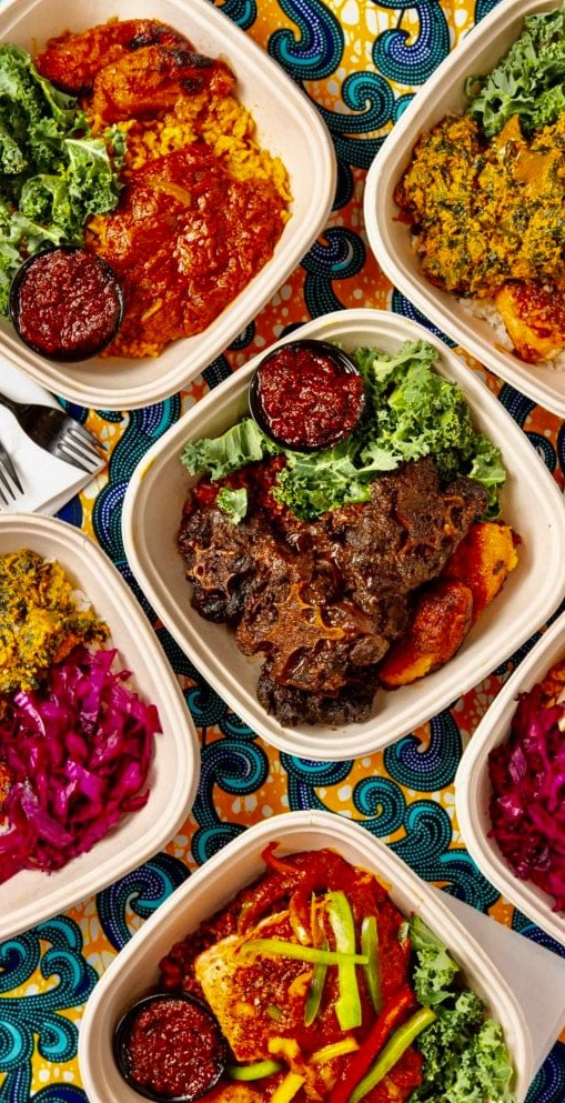 African cuisine spread featuring various Nigerian dishes