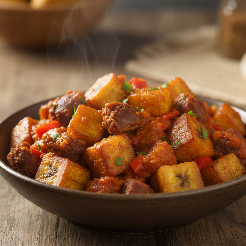 GizDodo - Nigerian fusion dish with chicken gizzard and fried plantain